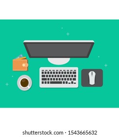 computer set up and coffee vector illustration