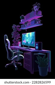 Computer set consists of monitor, two speakers, mouse and keyboard on a table with gaming chair and book shelves above. Vector design isolated on a black background
