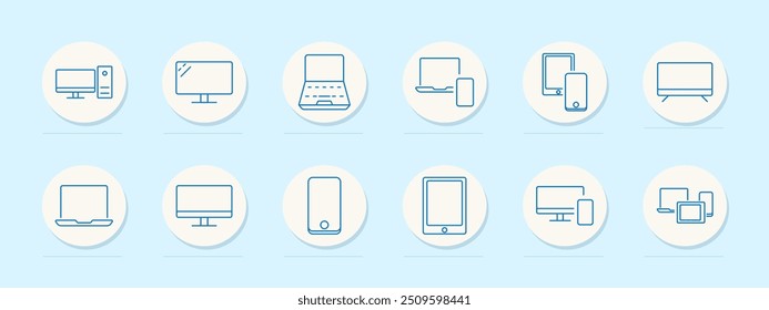 Ícone do conjunto de computadores. Desktop, monitor, laptop, tablet, smartphone, televisão, vídeo, tela, dispositivo, hardware, tecnologia, gadget, eletrônica, estação de trabalho, digital, multimídia, escritório doméstico