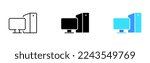 Computer set icon. Motherboard, monitor, system unit, desktop, screen, processor, cpu, work place, laptop, pc working, office. Vector icon in line, black and colorful style on white background
