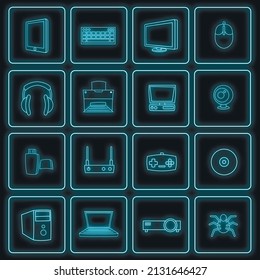 Computer set icons in neon style isolated on a black background