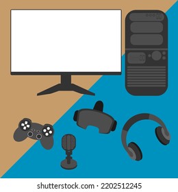 The computer set includes a PC, monitor, headphones, game controller, mic and 3D glasses. Flat vector illustration.