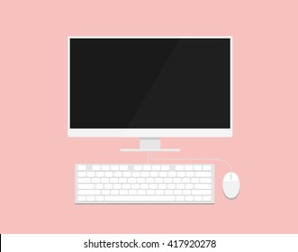 Computer set with monitor, keyboard and mouse, vector.