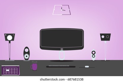 computer set on table with speaker flat design