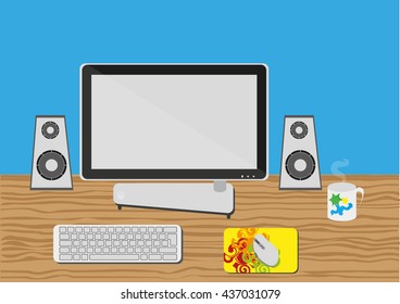 Computer Set On Wooden Desk