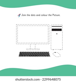 Computer set in outline dotted lines color the picture activity
