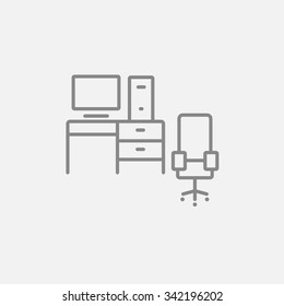 Computer Set With Table And Chair Line Icon For Web, Mobile And Infographics. Vector Dark Grey Icon Isolated On Light Grey Background.