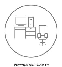 Computer set with table and chair line icon.