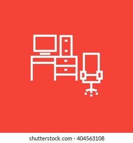 Computer set with table and chair line icon.