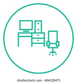 Computer set with table and chair line icon.