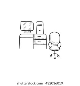 Computer set with table and chair vector sketch icon isolated on background. Hand drawn Computer set with table and chair icon. Computer set with table sketch icon for infographic, website or app.