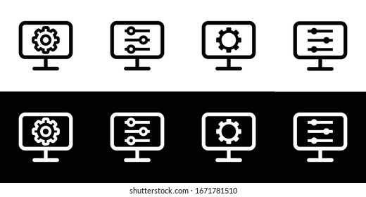 Computer setting, configuration, and preference icon set. Flat design icon collection isolated on black and white background.