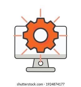 Computer mit Einstellrad-Symbol. Einstellgrafik. Flaches Vektorsymbol. kann für Icon Design Element, ui, web, app verwenden.