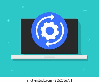 Computadora ajuste de proceso vector de icono o de fijación de pc plana revamp y sistema configurar ilustración de instalación, laptop instalar cambio o personalización de hardware ejecutando mantenimiento, reparando engranaje de rueda