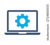 Computer settings icon blue flat vector design laptop screen gear symbol system update software maintenance graphic element sign