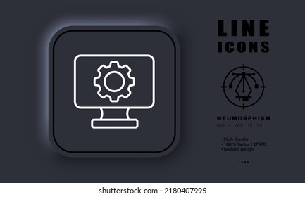 Computer settings line icon. Gear, control, tune, adjust, configuration file, service centre, monitor, user, operating system. Technology concept. Neomorphism style. Vector line icon for Business.