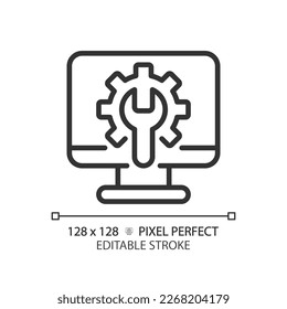 Computer settings pixel perfect linear icon. Personal computer adjustments. Software program. Device repair service. Thin line illustration. Contour symbol. Vector outline drawing. Editable stroke