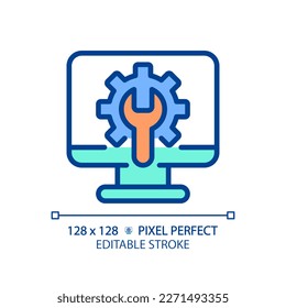 Computer settings pixel perfect RGB color icon. Personal computer adjustments. Software program. Device repair service. Isolated vector illustration. Simple filled line drawing. Editable stroke