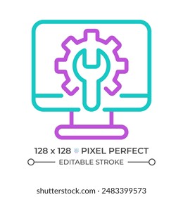 Icono de línea de dos colores de Configuraciones de ordenador. Ajustes en el ordenador personal. Programa de software. Símbolo de contorno bicolor del servicio de reparación de dispositivos. Pictograma lineal de duotono. Ilustración aislada Trazo editable