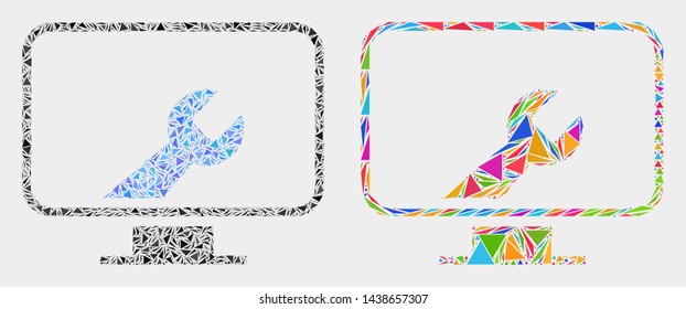Computer settings wrench mosaic icon of triangle items which have different sizes and shapes and colors. Geometric abstract vector design concept of computer settings wrench.