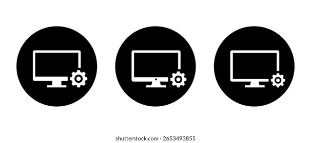 Computer setup icon set. Monitor with configuration gear symbol. System maintenance and settings concept in black circle