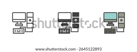 Computer setup with monitor and CPU unit in line, solid, and filled outline style. Vector office workstation or desktop PC symbol icon.