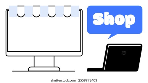 Computer with shade and speech bubble displaying Shop. Ideal for e-commerce, online marketplace, digital store, internet shopping, retail business. Modern and clean style