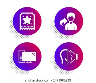 Computer, Share and Loyalty ticket icons simple set. Halftone dots button. Face id sign. Pc component, Male user, Bonus star. Phone scanning. Business set. Classic flat computer icon. Vector