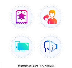 Computer, Share And Loyalty Ticket Icons Simple Set. Button With Halftone Dots. Face Id Sign. Pc Component, Male User, Bonus Star. Phone Scanning. Business Set. Gradient Flat Computer Icon. Vector