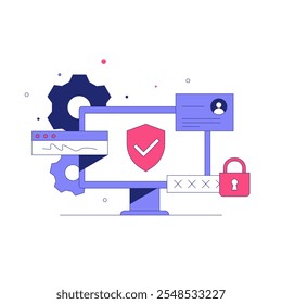 Computadora Con Icono De Escudo Y Elementos De Seguridad En Ilustración vectorial Plana Que Simbolizan La Protección De Datos En Línea, La Privacidad Y La Ciberseguridad, Aislados Sobre Fondo Blanco.