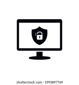 A computer and a shield with an open lock on the screen. The concept of a hacker attack, and the protection of users and confidential information on the Internet. Solid black vector icon isolated 