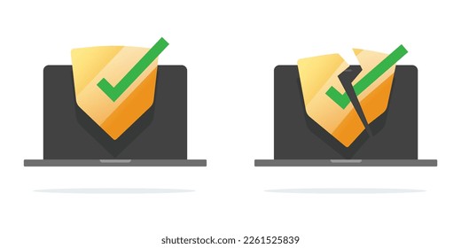 Computer shield protect flat icon simple graphic vector illustrated, cyber security breach on laptop pc, antivirus check mark defence, internet online safety defense guard sign image