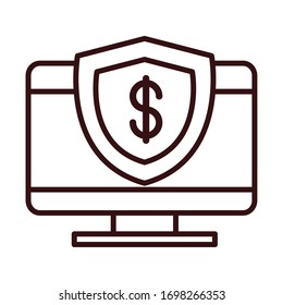computer shield protection shopping or payment mobile banking vector illustration line style icon