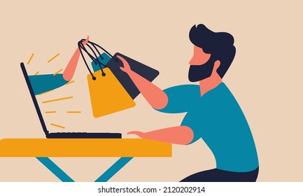 Computer shop for business connection to customer. Hand with parcel goods on screen display laptop vector illustration concept. Market with delivery to people and money virtual transaction or shopping