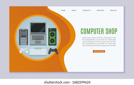 Tienda de computadoras y comunicación móvil conectada dispositivos de alta tecnología plantilla web ilustración vectorial. Diversos dispositivos de almacenamiento de datos y ordenadores, reproducir joystick y sitio web de columnas de música.