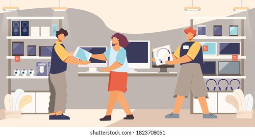 Computer shop flat composition with indoor scenery and shelves with laptop accessories with shop consultant characters vector illustration