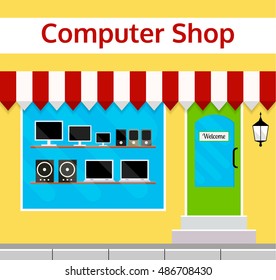 Computer shop front or facade in flat style. Electronics store building with window display.