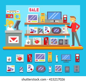Computer Shop Interior Seller Goods Offer Sale Icon Flat Design Character City Background Vector Illustration