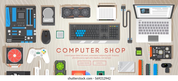 Computer  Shop. Various Computer Parts Are On The Table. Web Flat Vector Banner. #4