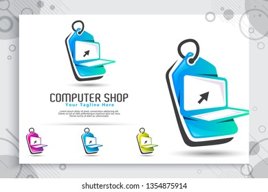 Computer shop vector logo with simple and modern concept designs, illustration of laptop and price tag as a symbol icon of digital template online computer shop