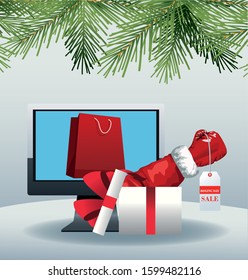 Computer with shopping bag and gift box with hands holding a tag over gray background, colorful design, vector illustration