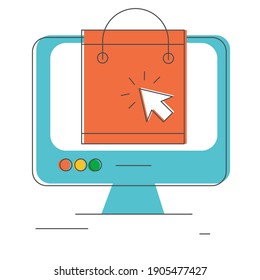 Computer with shopping bag icon on the screen. Order in one click. Shopping online e-commerce media and market. Trendy vector illustration