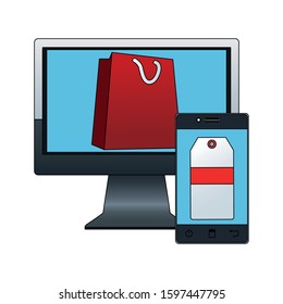 computer with shopping bag on screen and smartphone with price tag on screen over white background, vector illustration