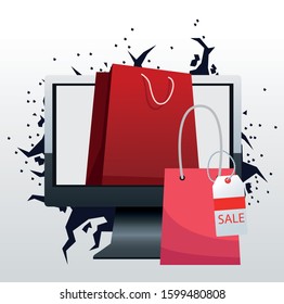 Computer with shopping bags over white background, colorful design, vector illustration