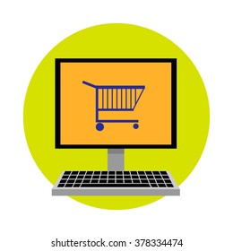 Computer with shopping basket. Flat design. Vector