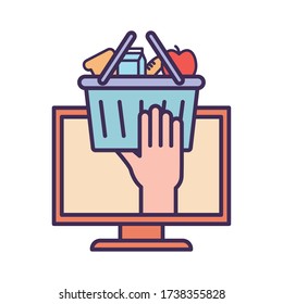 computer with shopping basket line and fill style icon design, Food delivery logistics transportation and shipping theme Vector illustration