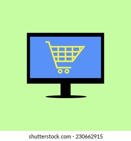 Computer with shopping cart in flat style
