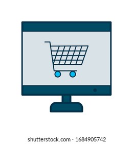 computer shopping cart icon over white background, line and fill style, vector illustration