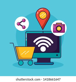 computer shopping cart location camera sharing wifi free connection vector illustration