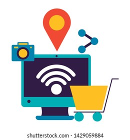 computer shopping cart location camera sharing wifi free connection vector illustration